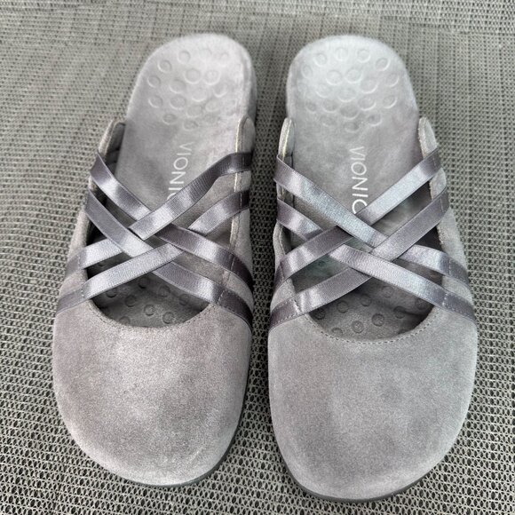 Vionic Claire Womens Size 9 Gray Suede Slip-On Mule Sandals With Elastic Straps - Picture 1 of 9